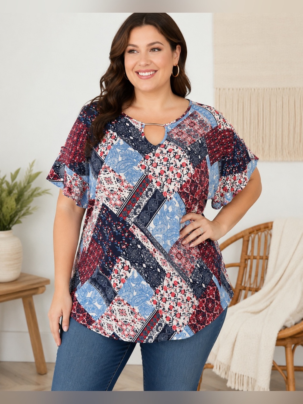 Ava James 2X Patchwork Floral Boho Tunic Top Keyhole Neck Plus Size Cottagecore